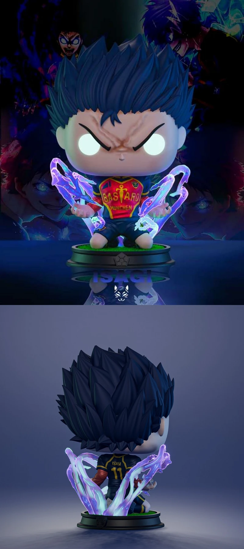 Chibi Isagi Blue Lock figure with blue hair, soccer jersey, energy effects, and display base