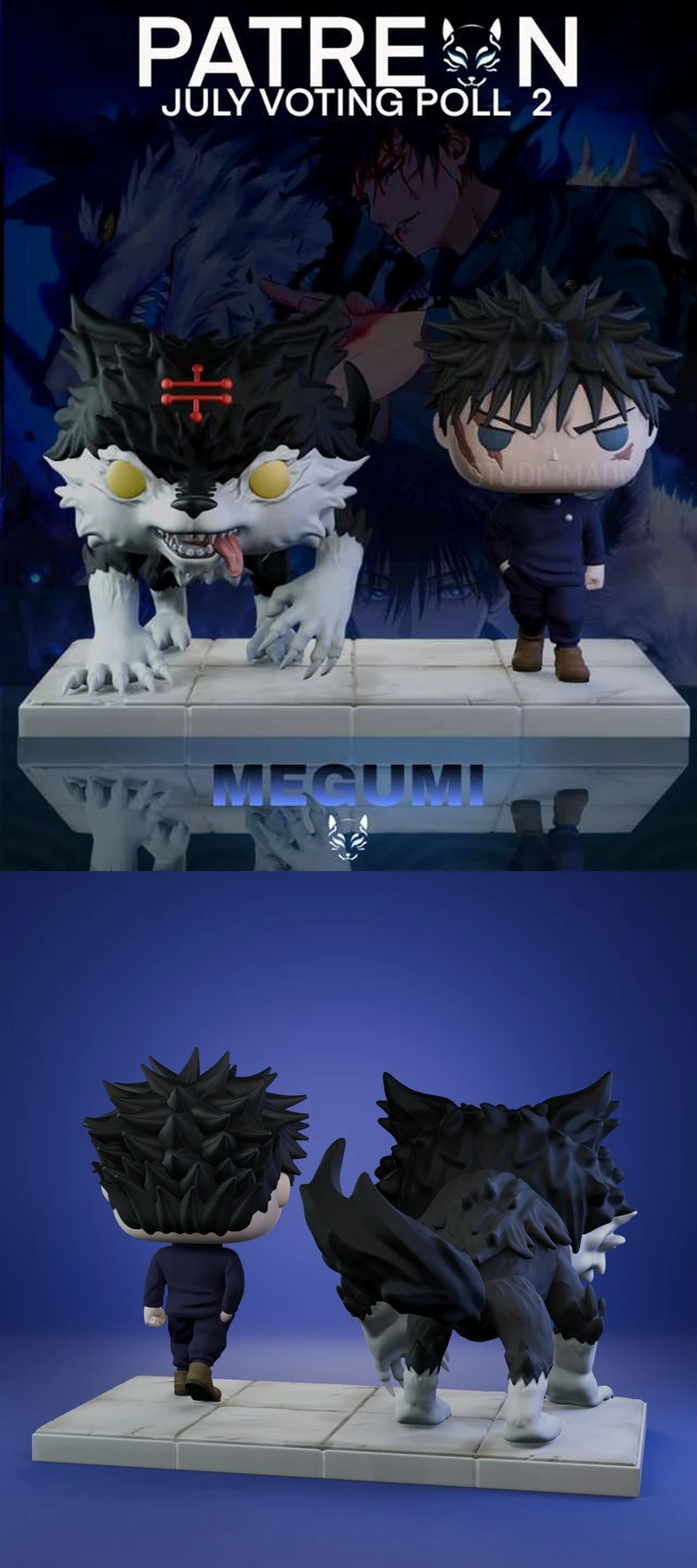 Chibi Megumi Fushiguro figure with a wolf-like Divine Dog companion