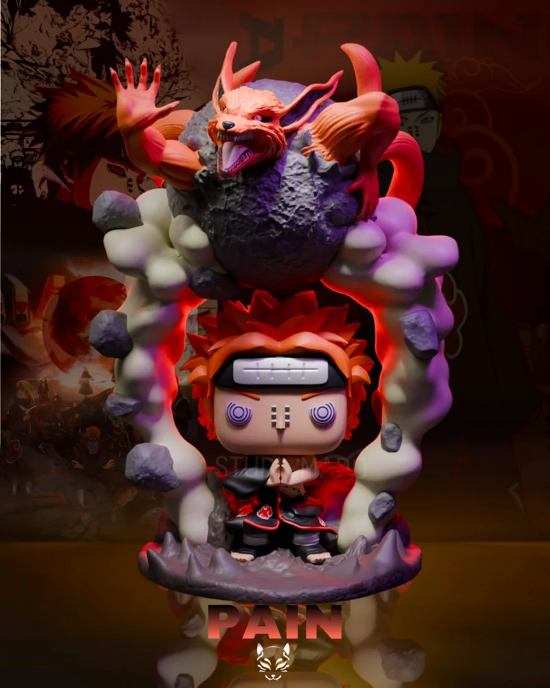Pain from Naruto with a large fox-like creature on a rocky display base