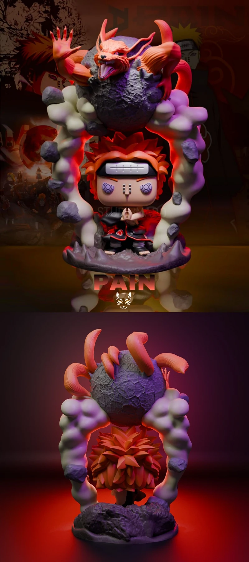 Chibi Pain from Naruto with a large fox-like creature on a rocky base
