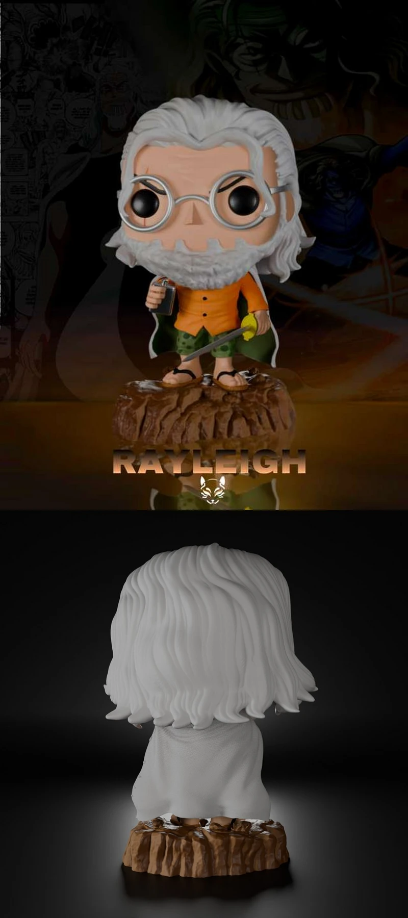 Chibi Silvers Rayleigh figure with goggles, sword, cape, and stump base