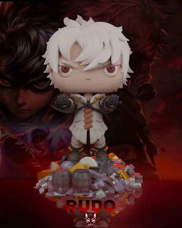 Rudo from Gachiakuta as a stylized figure with white hair, red eyes, gloves, and a rubble base