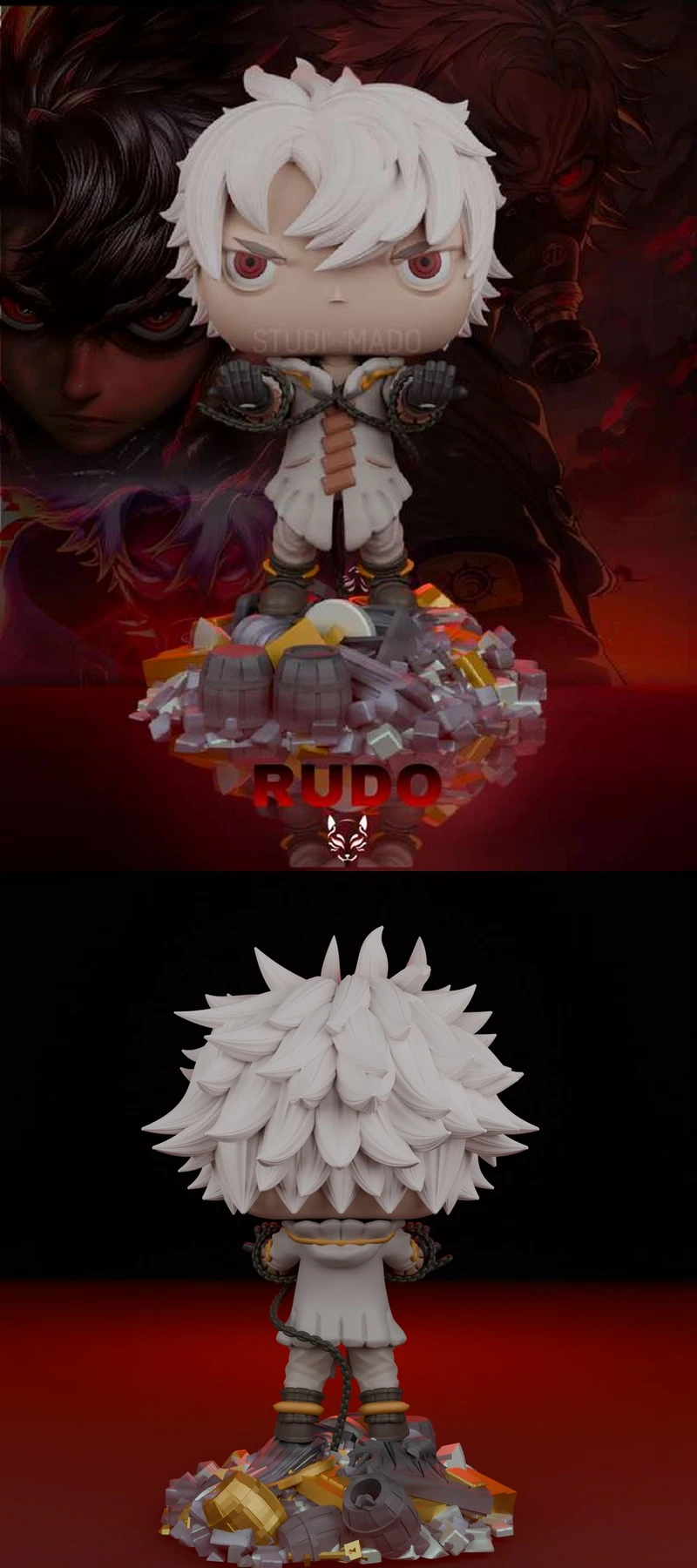Rudo Gachiakuta chibi figure with white hair on a rubble base