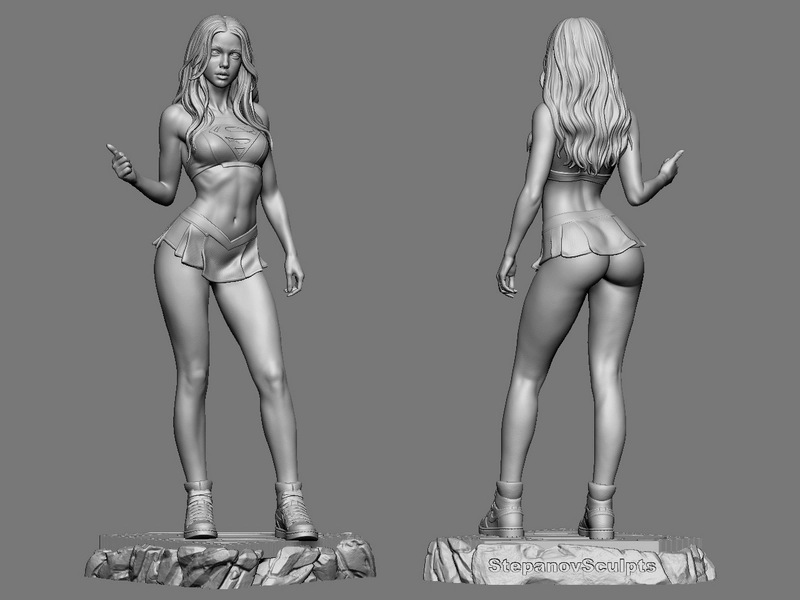Supergirl DC Comics 3D model statue with emblem top, skirt, boots and rocky base