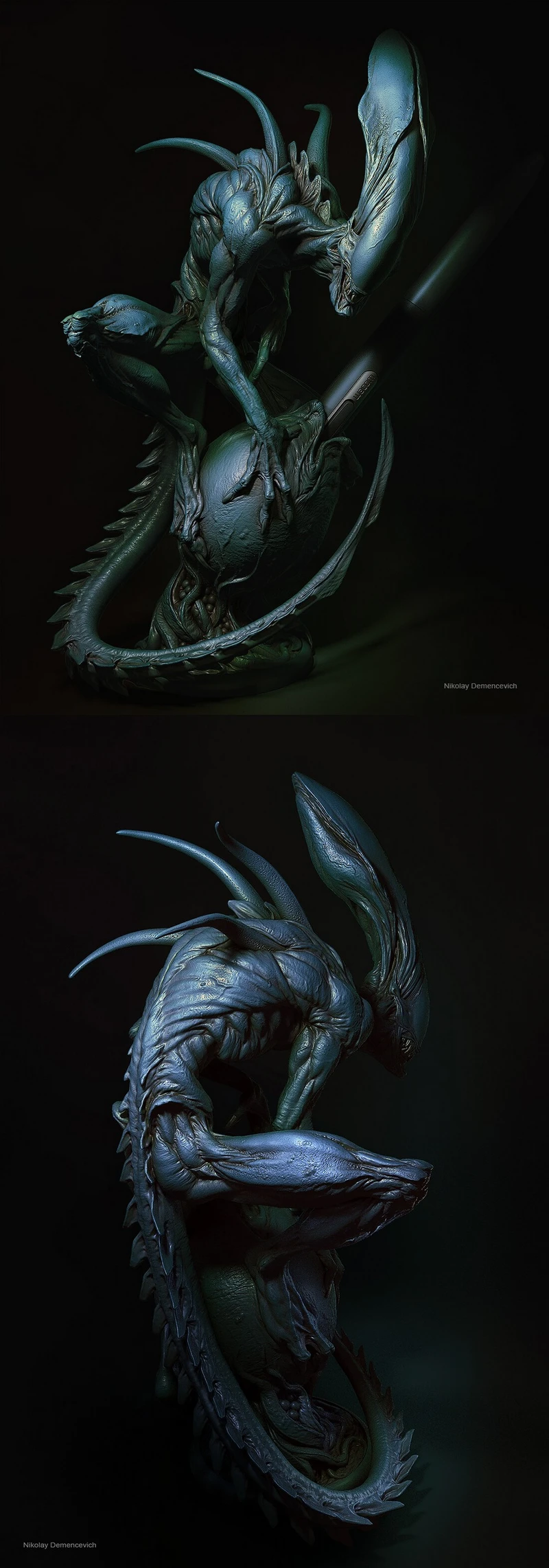 Detailed alien creature STL pen holder with tentacles, claws, fins, and a curved tail