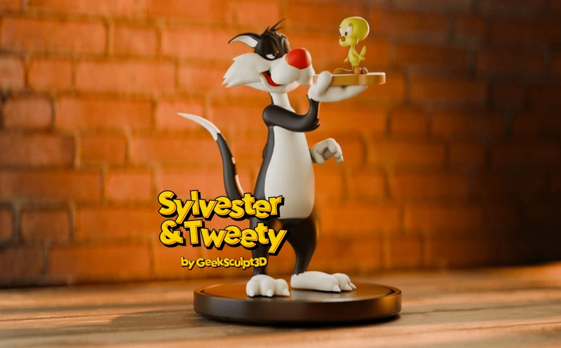 Sylvester holding Tweety on a tray in a Looney Tunes display model