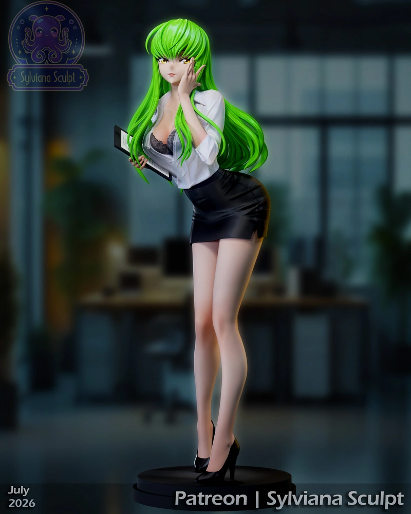 Original office lady figure with green hair, business attire, heels, and display base
