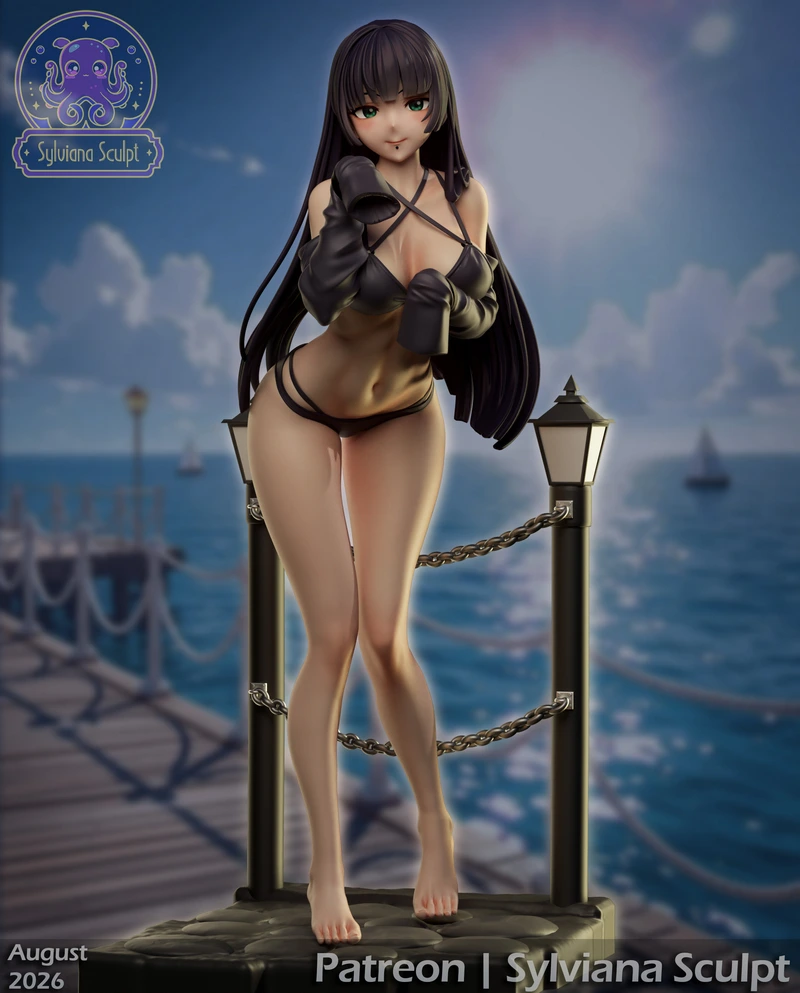 Anime-style full-body woman figure with lantern posts, chains and a rocky base