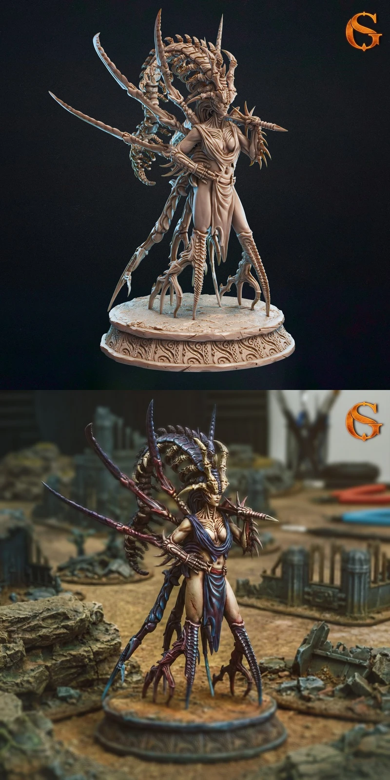 Marvel symbiote warrior 3D figure with tendrils, spikes, claws, and ornate round display base