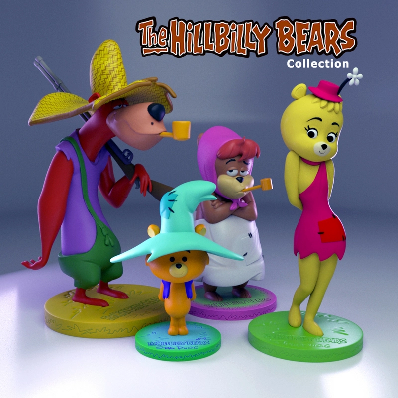Five colorful Hillbilly Bears character figures wearing distinctive outfits on display bases