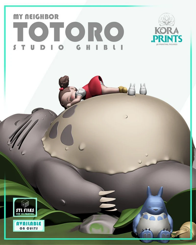 Totoro with Mei, two white spirits, and a blue Totoro figure