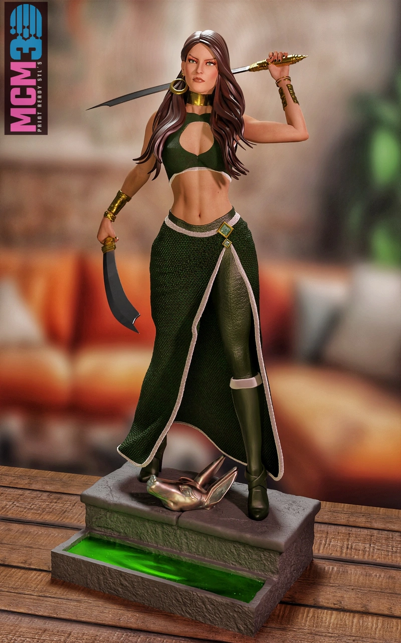 Talia al Ghul figure with twin blades on a tiered display pedestal