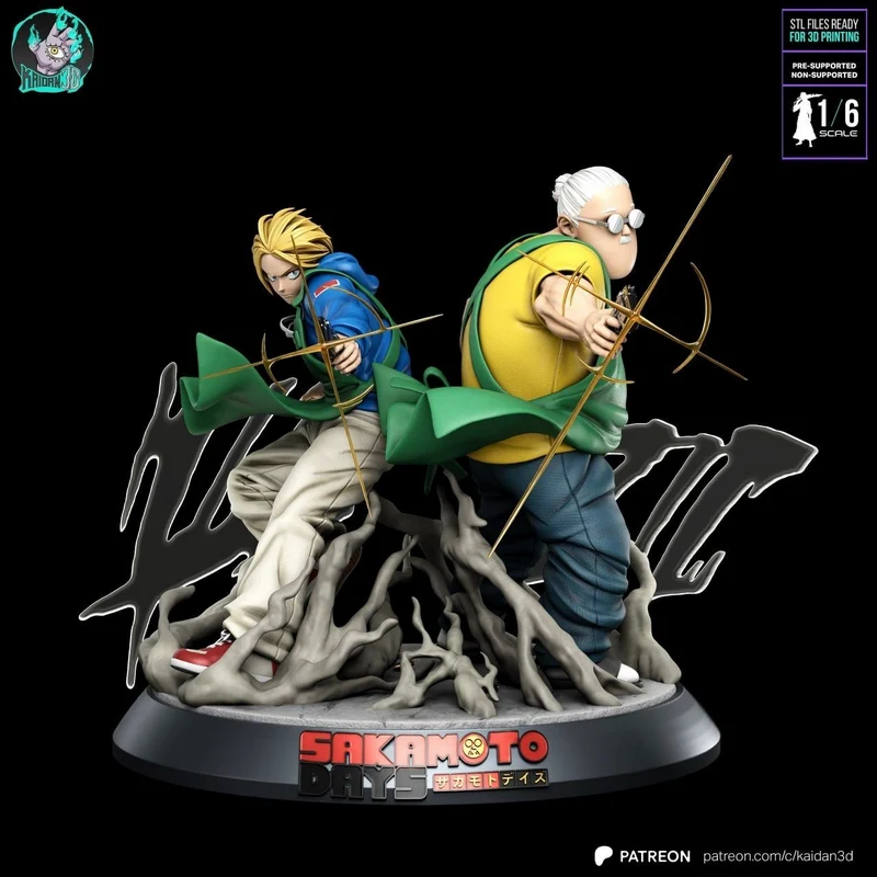 Taro Sakamoto and Shin Asakura fan art statue with bows on a root base