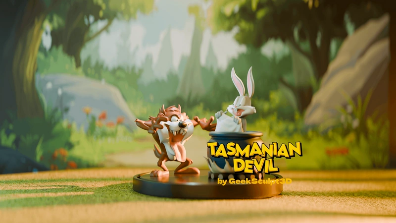 Taz and Bugs Bunny Looney Tunes figures on a round display base