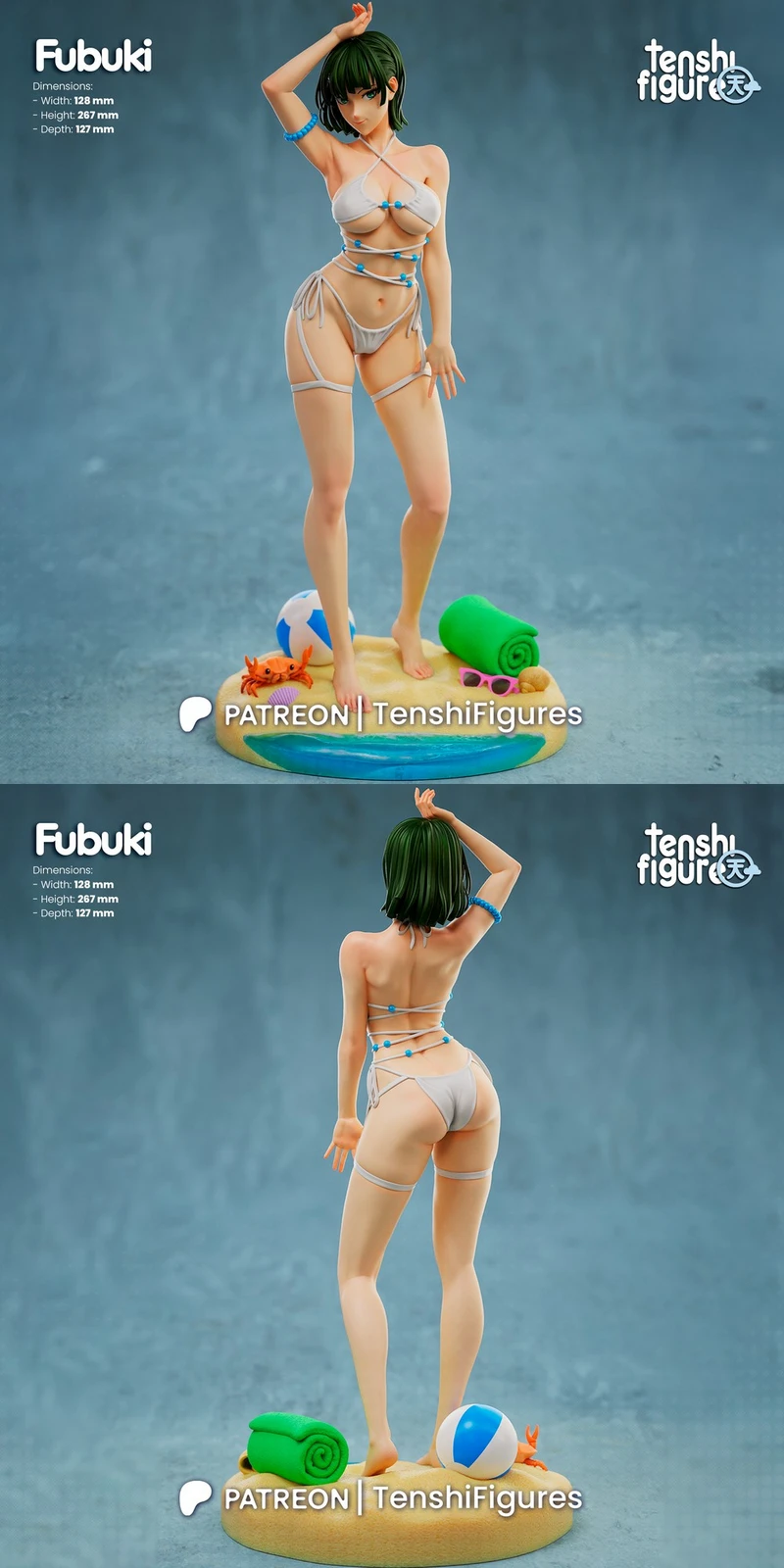 Fubuki from One-Punch Man in a white bikini on a beach-themed figure base