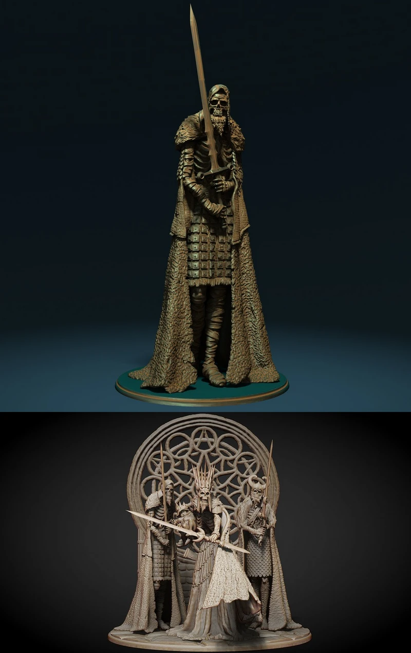 Skeletal crowned character diorama with sword, cloaks, and ornate circular backdrop