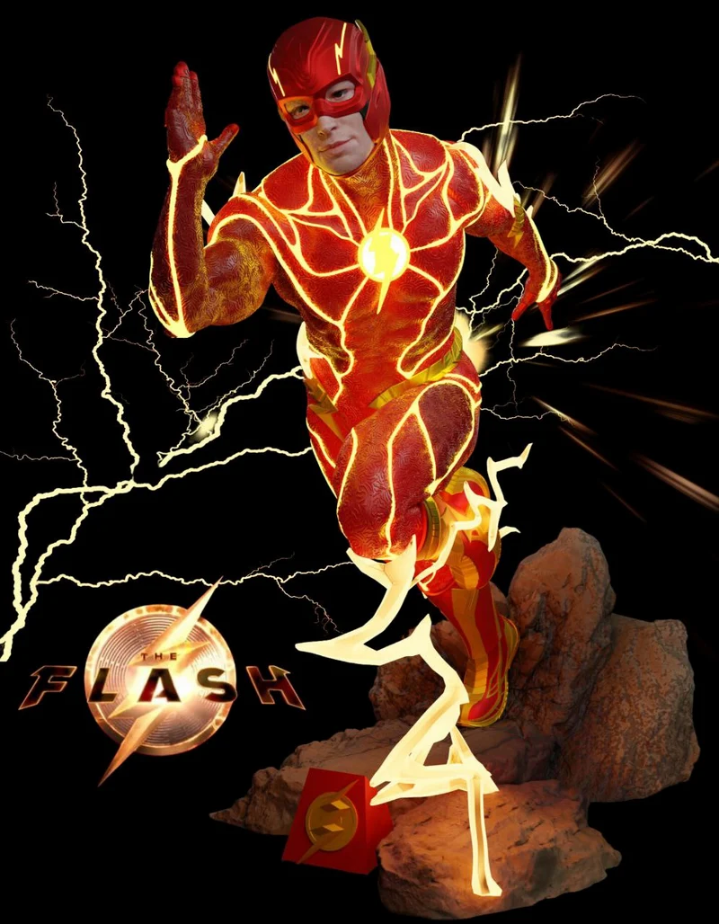 The Flash 3D model running with lightning effects on a rocky base