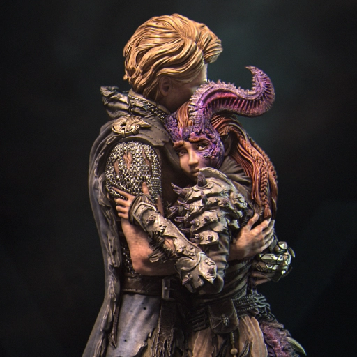 The Last Battle fantasy diorama with an armored warrior embracing a horned companion