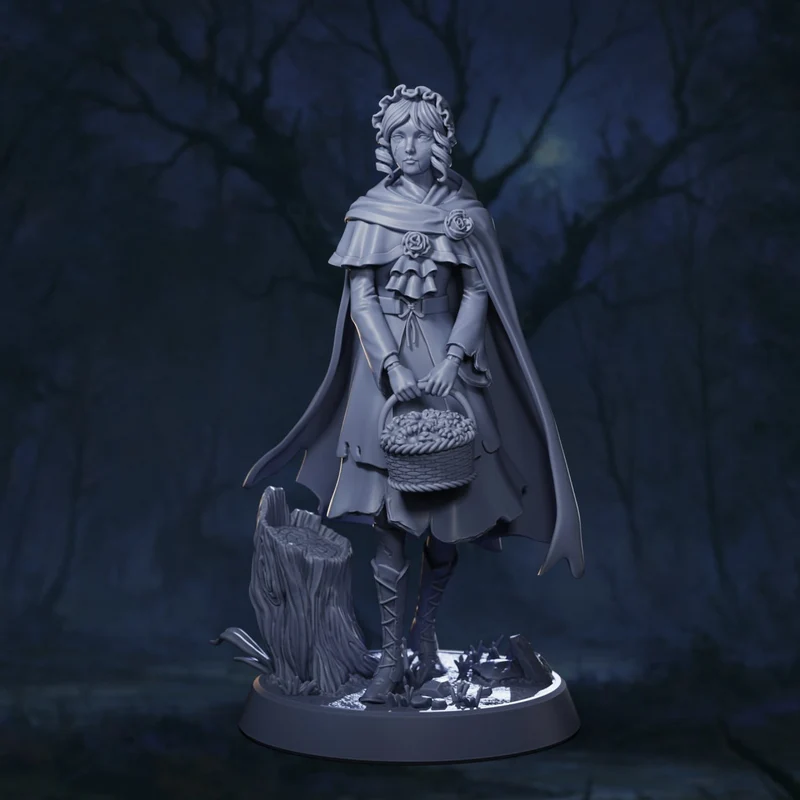 Gothic possessed doll figure with cape, flowered bonnet, basket and woodland base