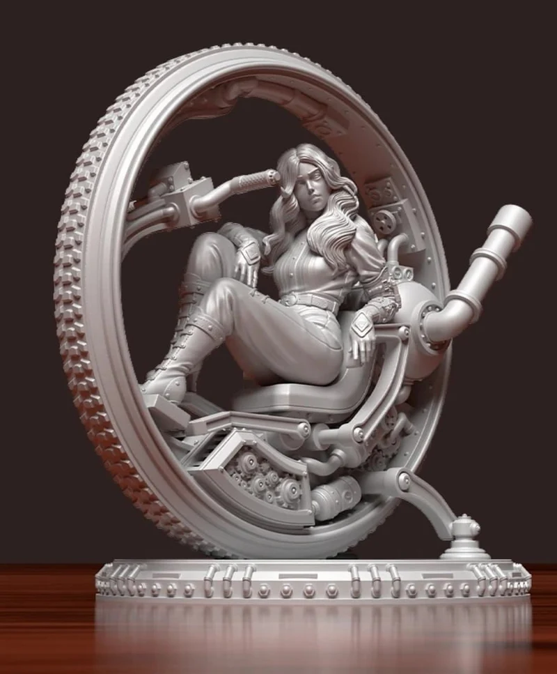 Seated female figure inside a mechanical wheel on a display base