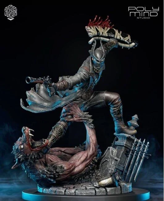 Bloodborne Hunter statue standing over a snarling beast on a circular base