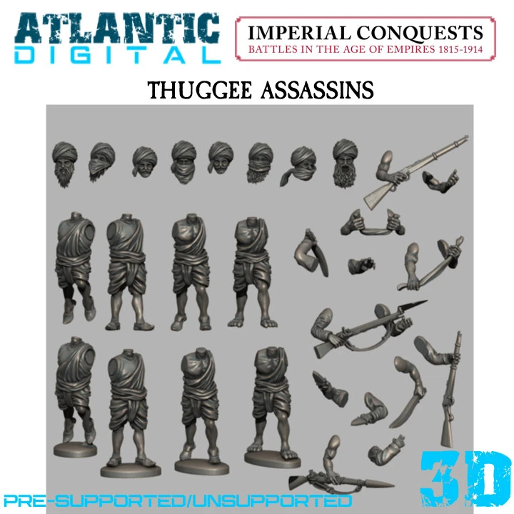 Historical-fantasy Thuggee assassin miniatures with wrapped robes, turbans, rifles, and blades