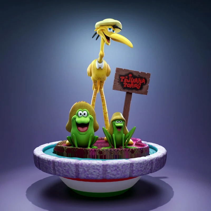 Tijuana Toads diorama with two green toads, a yellow bird, and a pond base