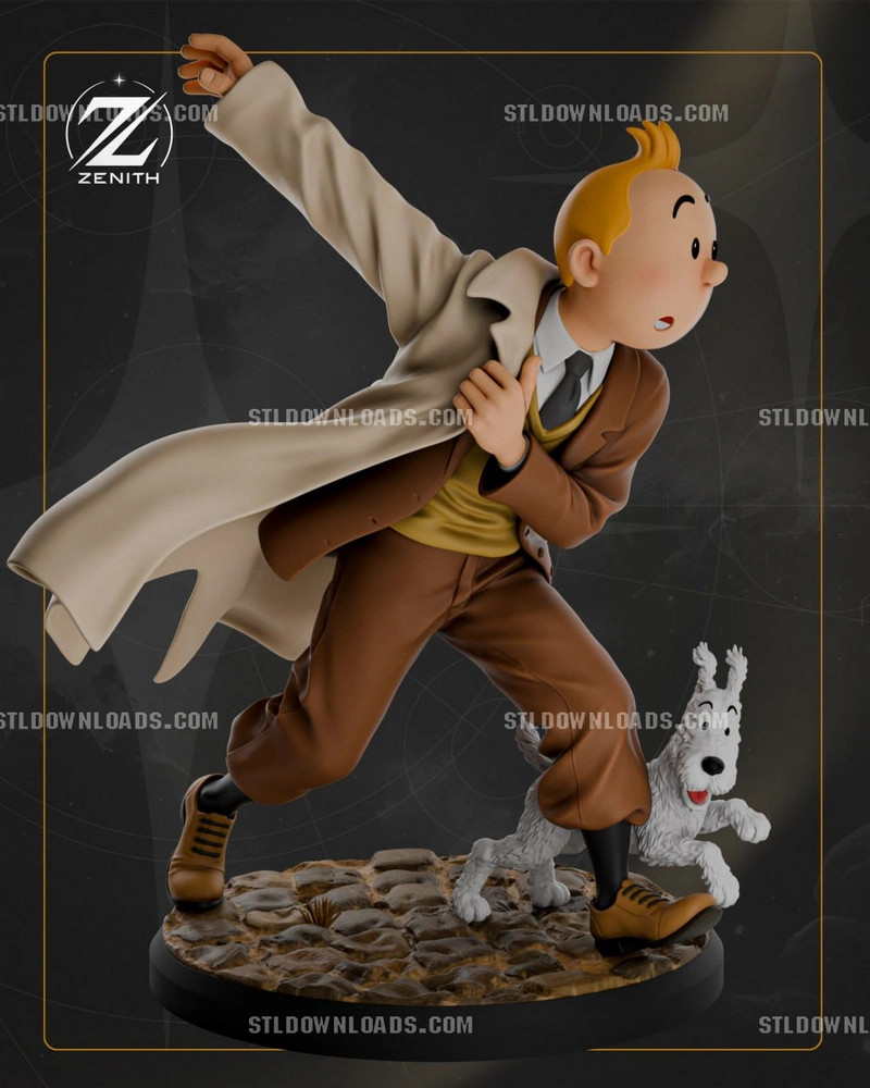 Tintin running with Snowy on a round textured display base