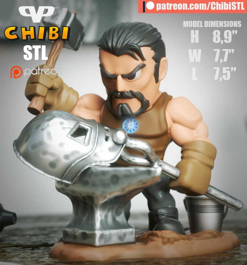 Chibi Tony Stark figure with hammer, glowing arc reactor, and anvil-themed base
