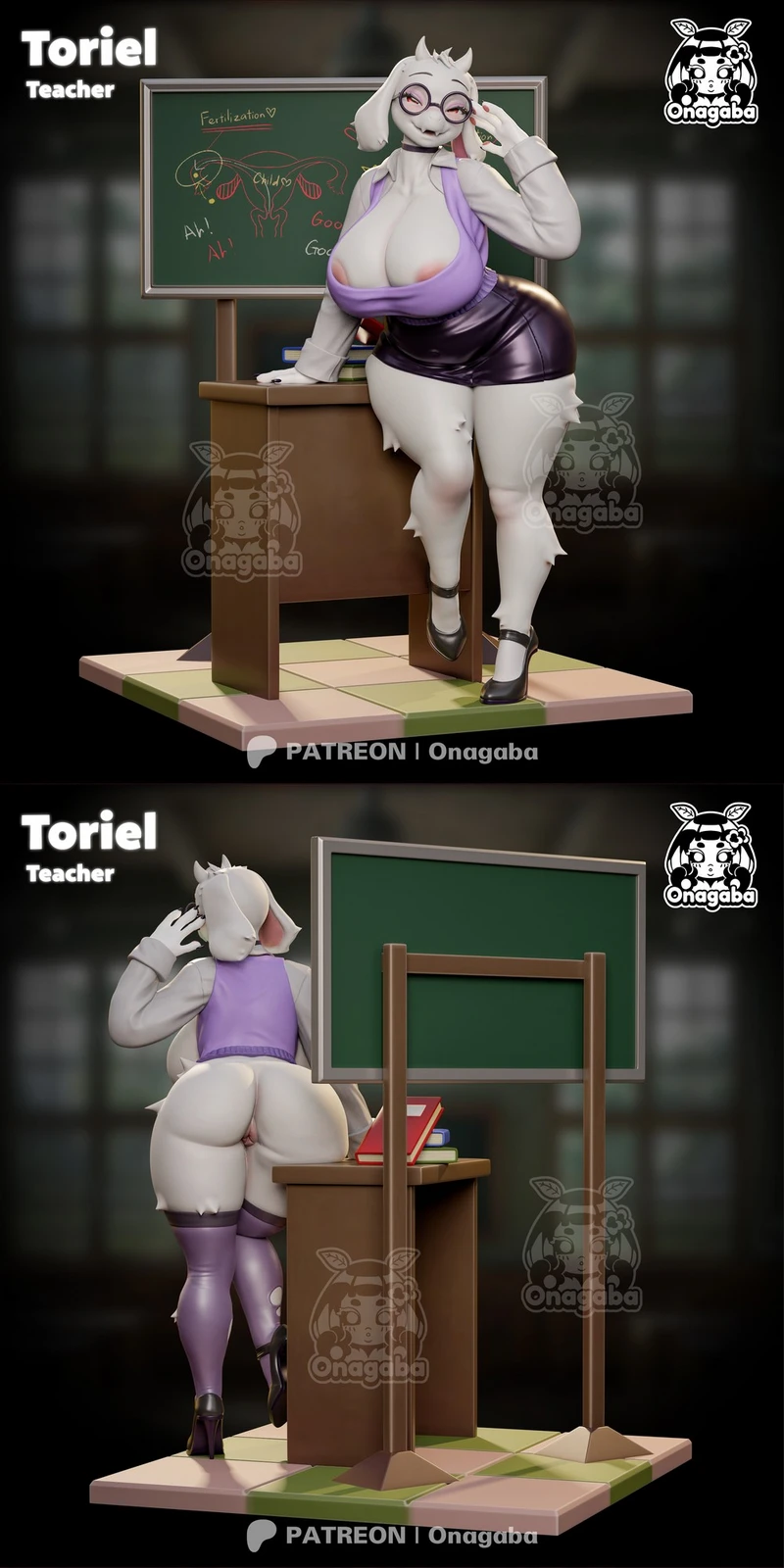 Toriel from Deltarune posed as a teacher beside a chalkboard and desk