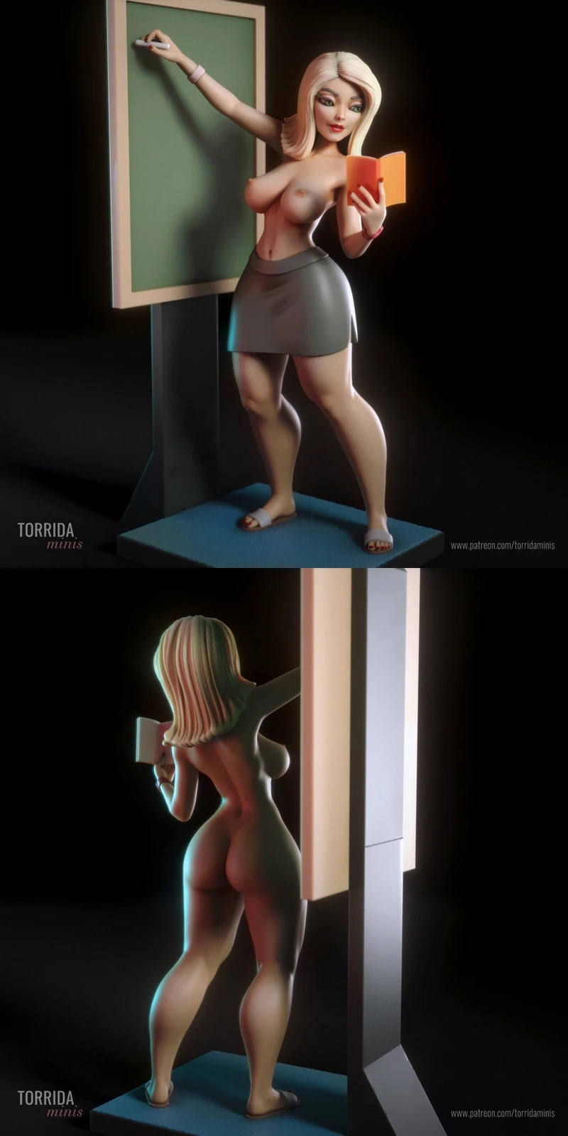 Mari the School Teacher figure holding a book beside a chalkboard