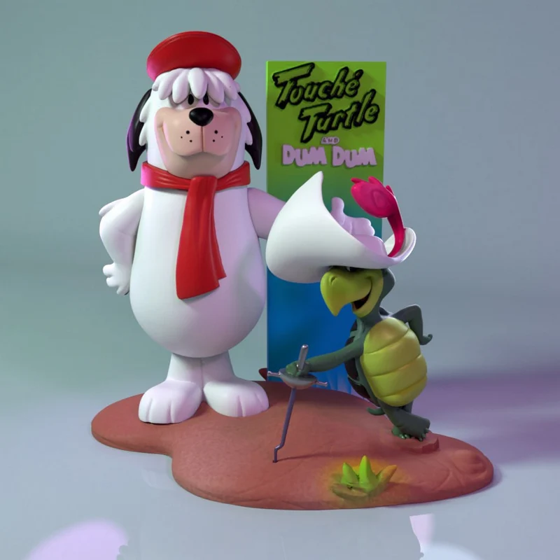 Touché Turtle and Dum Dum character diorama with fencing sword on a display base