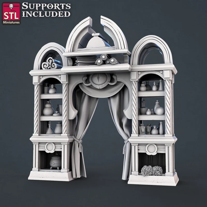 Fantasy toxic vendor cabinet with shelves, bottles, arches, and central draped opening