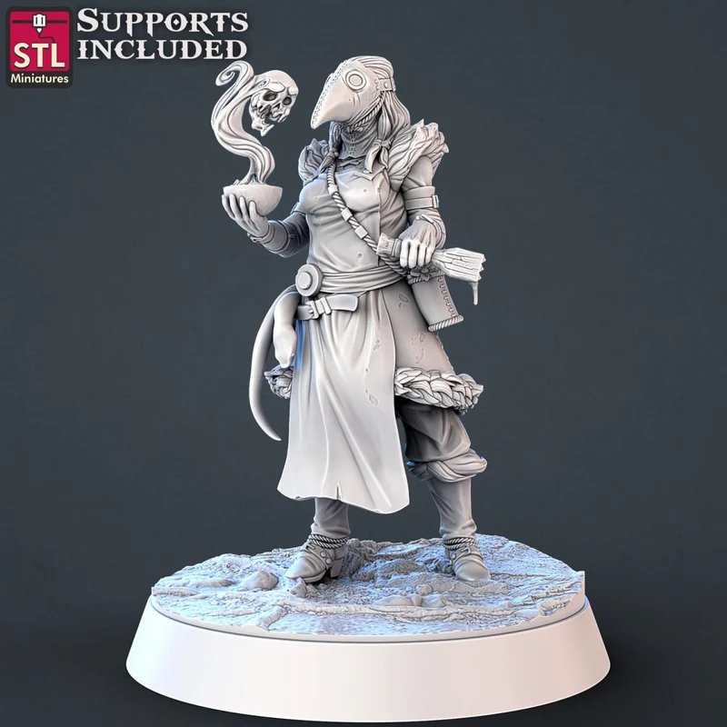 Masked fantasy goblin vendor miniature holding a bowl of toxic vapor