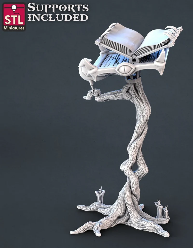 Fantasy toxic vendor lectern with an open book on a twisted tree trunk base