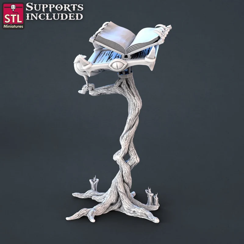 Fantasy miniature of an open book mounted on a twisted tree