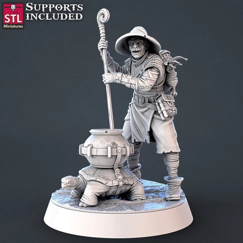 Fantasy vendor miniature with staff, vessel, plants, and small companion
