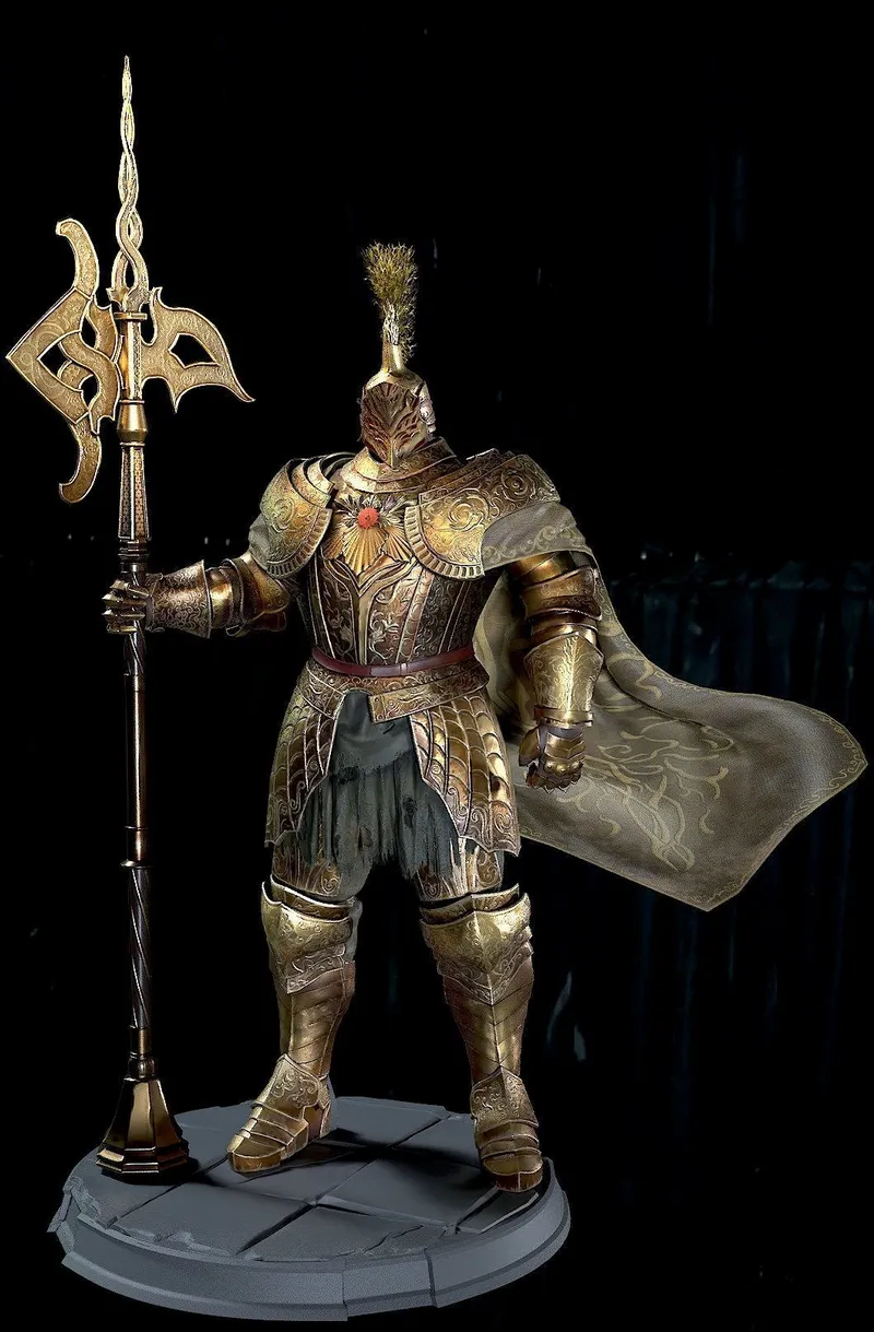 Tree Sentinel from Elden Ring in ornate armor holding a polearm on a display base
