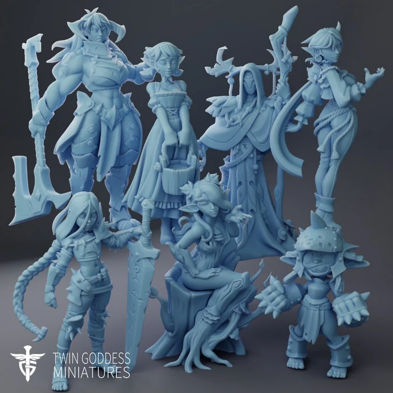 Original fantasy miniature set with armored warriors, robed figures, and a small spiked creature