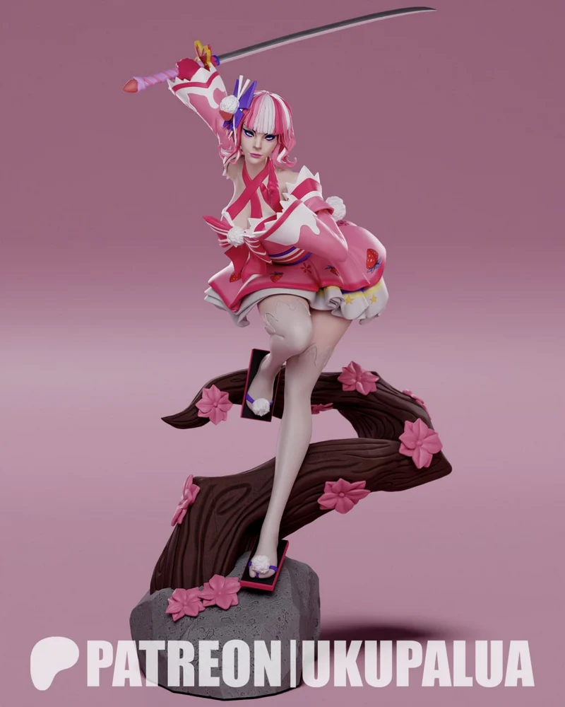 Stylized pink-haired swordswoman with a raised sword on a floral tree base
