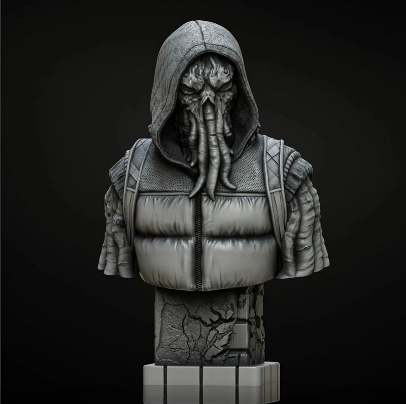 Hooded Cthulhu bust with tentacles, padded urban clothing, and cracked pedestal
