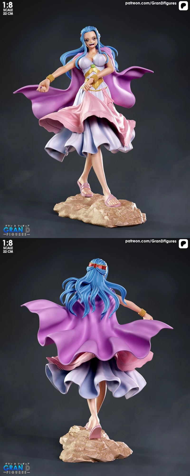 Anime-style female figure with blue hair, pink dress, purple cape, and rocky base