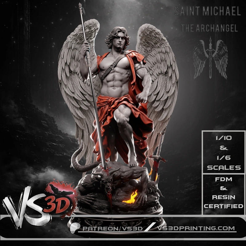 Saint Michael archangel statue with wings, spear, sword, and defeated horned creature