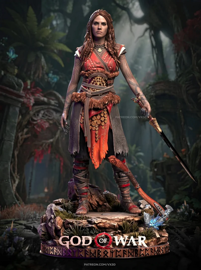 Freya warrior statue with ornate armor, sword, and display base