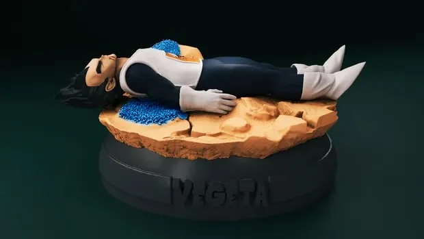 Vegeta from Dragon Ball reclining on a rocky base with blue energy accents