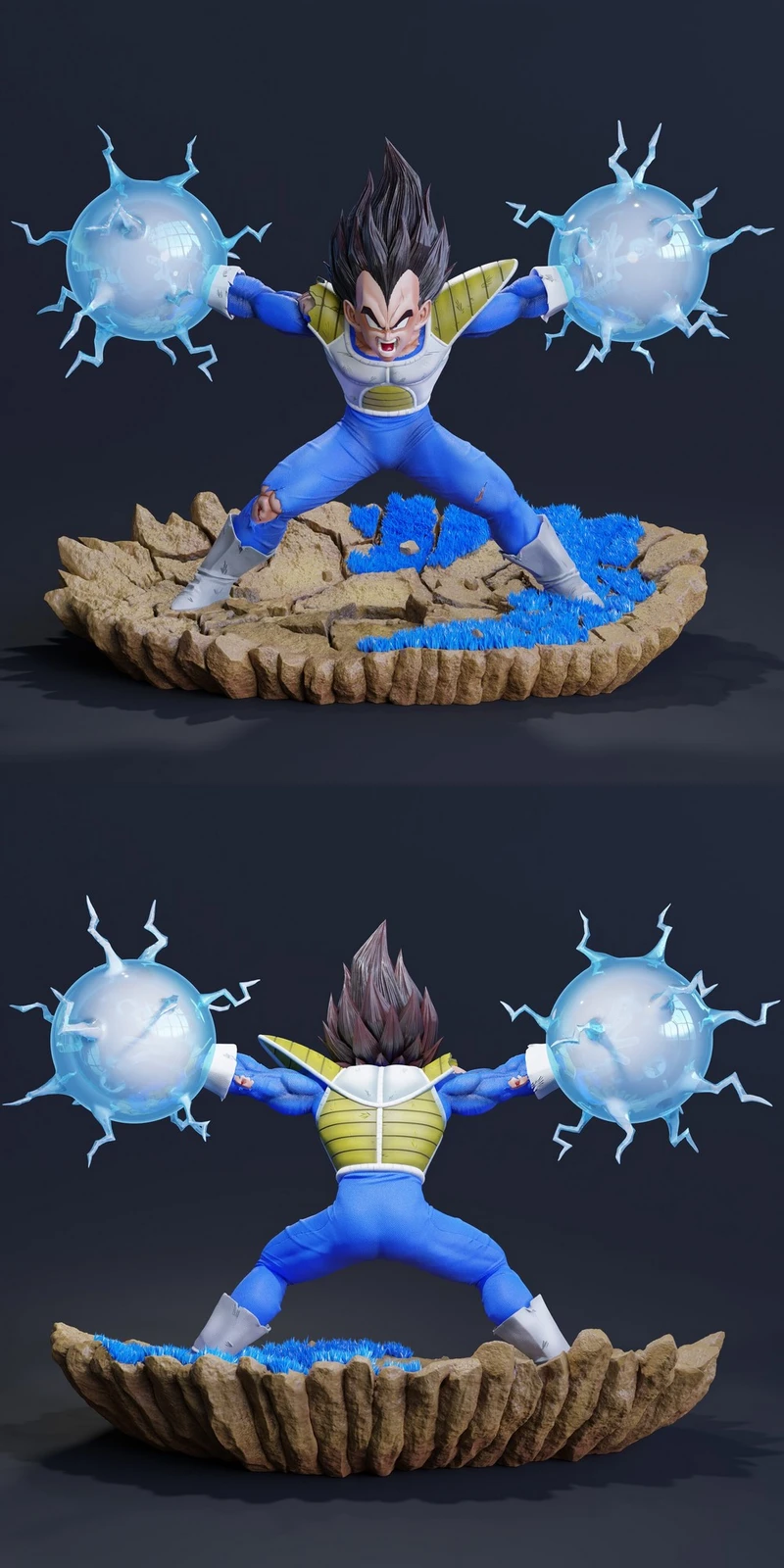 Vegeta Dragon Ball statue with twin blue energy spheres on a rocky base