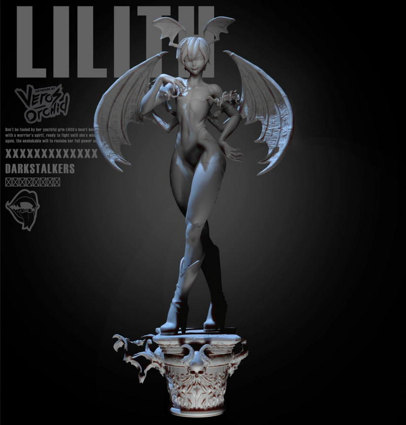 Lilith from Darkstalkers as a winged statue on an ornate pedestal