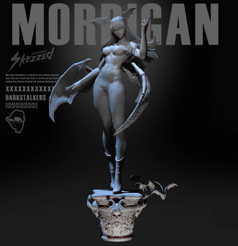 Morrigan from Darkstalkers with bat wings on an ornate pedestal