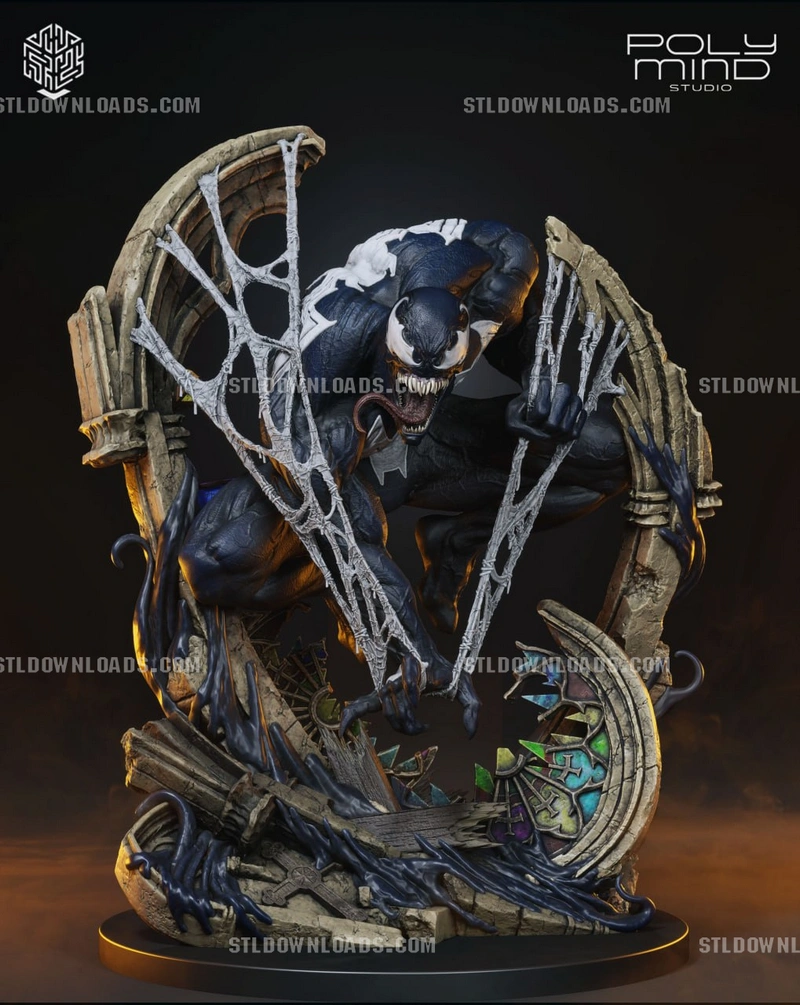 Venom Marvel symbiote statue with webbing, ruins, and a round display base