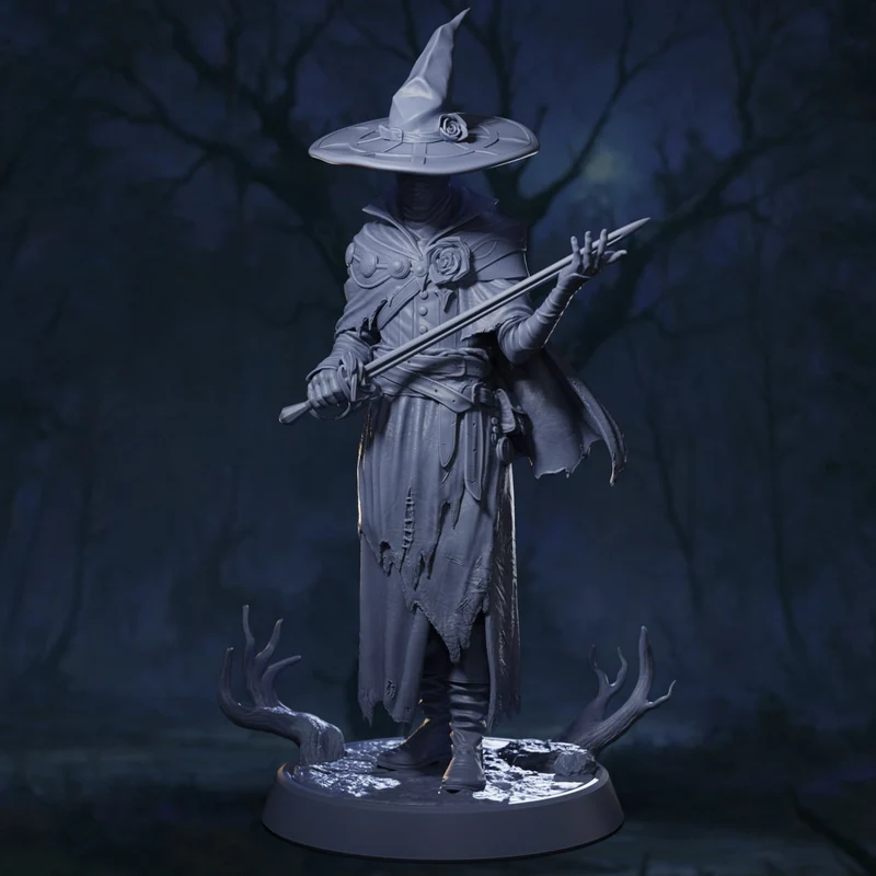 Veyron Duskmire fantasy wizard statue with pointed hat, staff, and woodland base